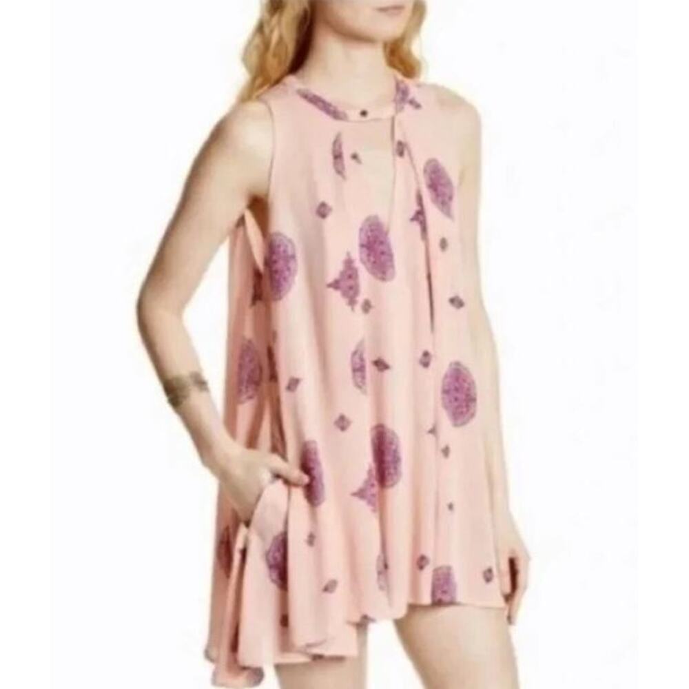 Free People Small Boho Mini Dress Peach Purple Tree Swing Gauze Medallion Print